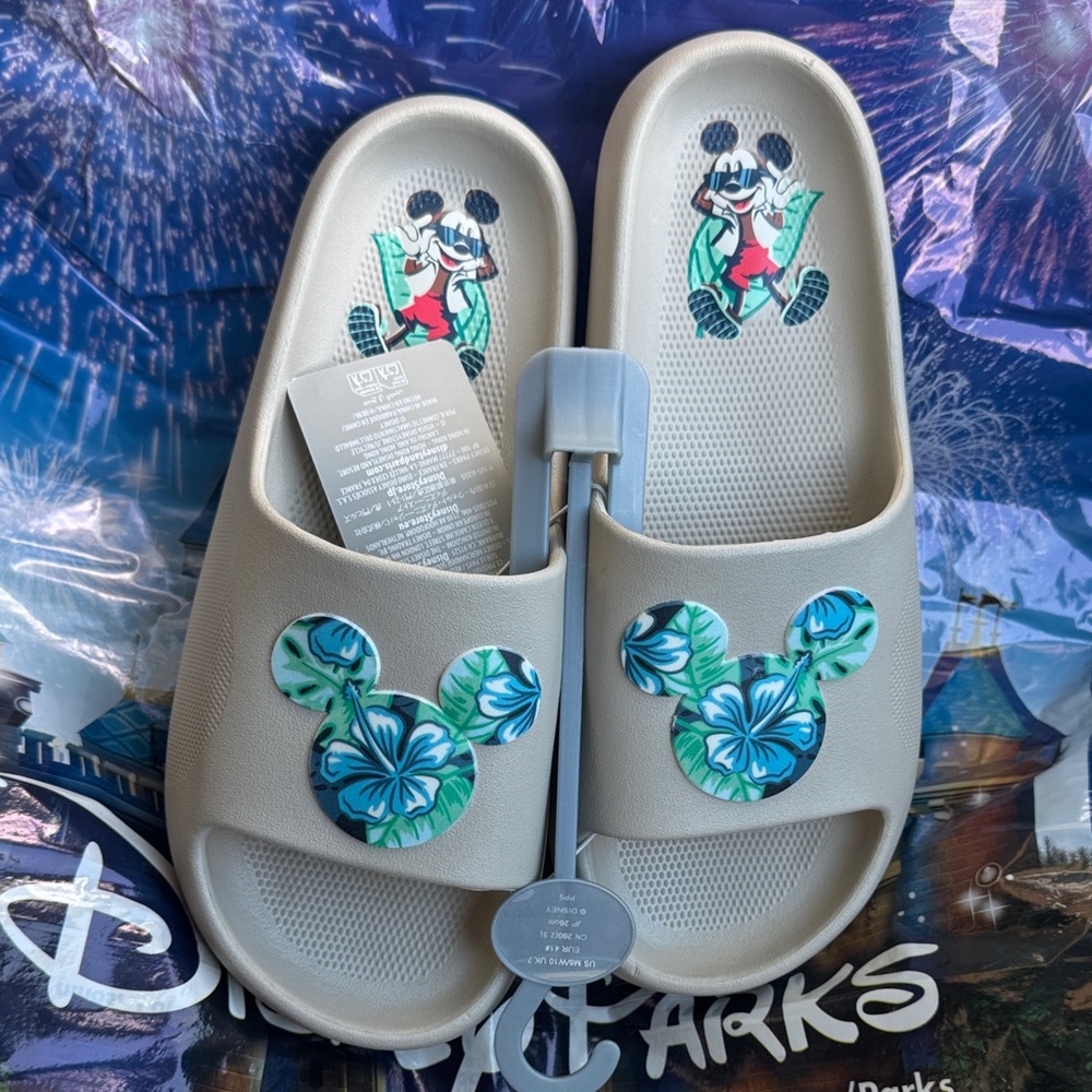 Disney Parks Mickey Tropical Slides Sandals Beige Floral NWT